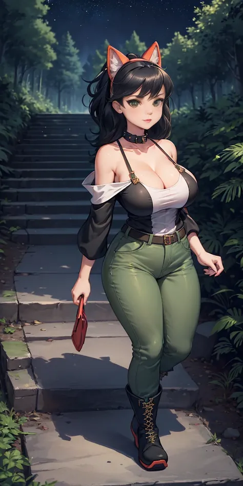 masterpiece, best quality, roxanne, dog ears, black hairband, collar, off-shoulder shirt, cleavage, green vest, green pants, large breasts, walking, stairs, forest, night sky, boots