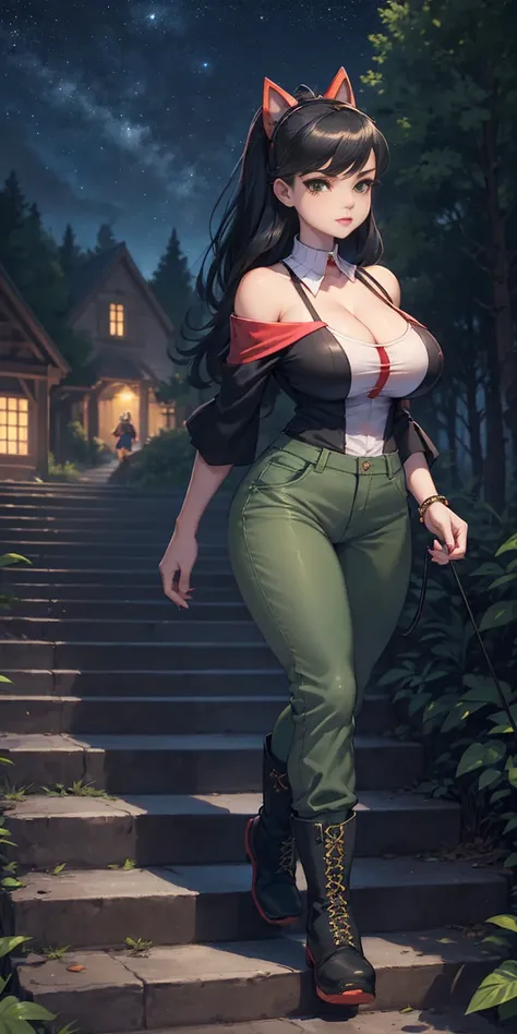 masterpiece, best quality, roxanne, dog ears, black hairband, collar, off-shoulder shirt, cleavage, green vest, green pants, large breasts, walking, stairs, forest, night sky, boots