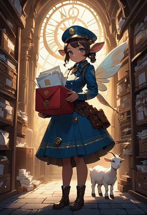 A cute goat girl who delivers mail, youre not allowed to eat the letters, shes wearing a postal workers uniform that combines clockpunk, dieselpunk and steampunk, This is cute fantasy art that looks like a fairy tale picture book, ultra detailed, absolutel...