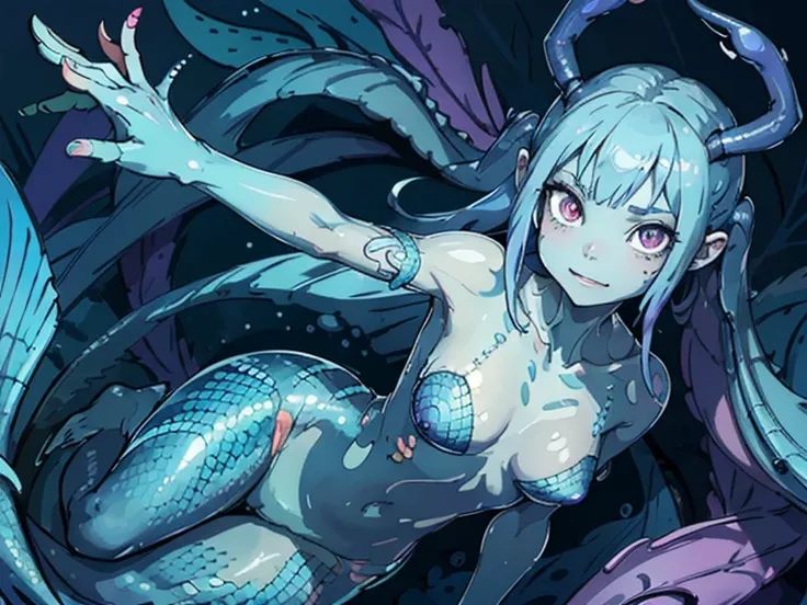 She has fish-like scales all over her body, thin purple reptilian eyes, and ears like fish gills. A girl with long dark blue hair. She looks like a mermaid. Her face is also covered with scales. She has two legs. Her skin is bluish purple and covered with ...