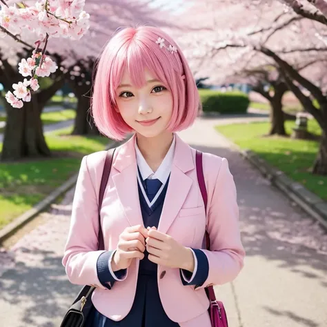 Pink bob haired happy school girl under Japanese Cherry blossom