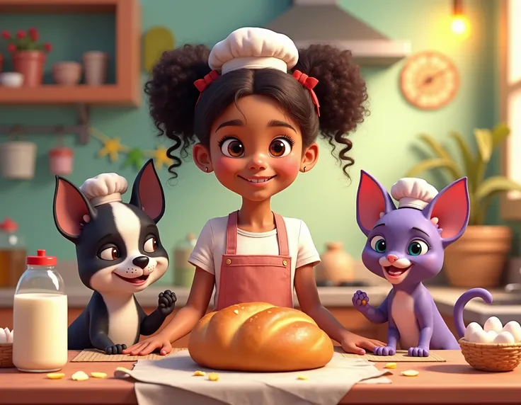 Draw a scene inspired by Disney Pixar characters: a pretty  girl with attractive features and a developing body. She has light brown skin, is Brazilian and of mixed ethnicity, with very curly, voluminous, dark brown, shiny hair tied in two ponytails that r...