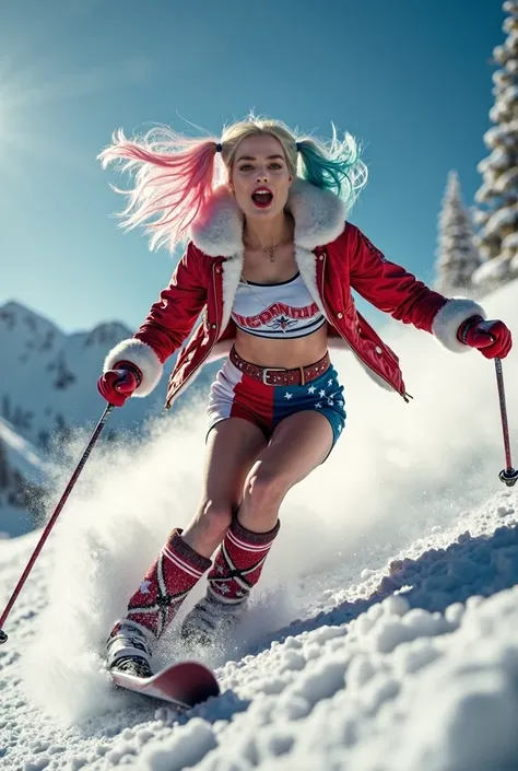   High detail,   realistic , HDR,  super clear , 3d,  ,  ultra high definition,  High dynamic range  + The low noise level , christmas mood ,  Beautiful sexy crazy Margot Robbie as Harley Quinn with pink and blue hair in a sexy short red and white jacket ,...