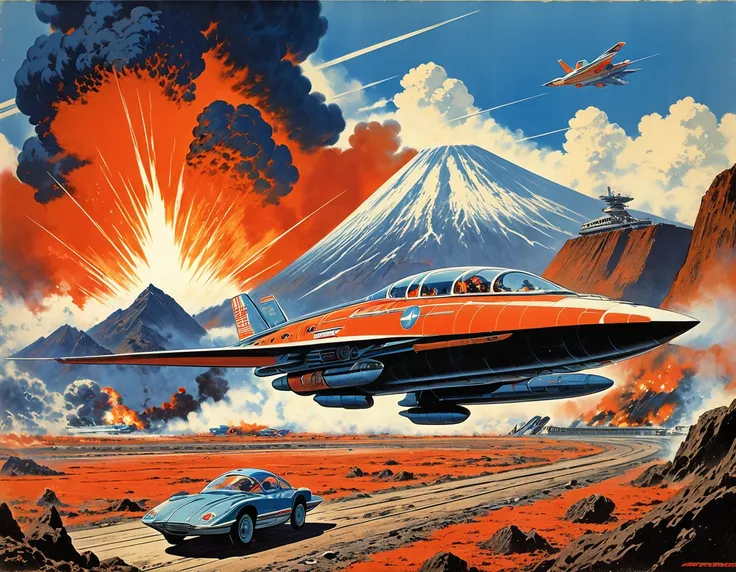 Ligne claire, Volcanic eruption, Detailed Volcanic, Science fiction illustrations, Retro-future art. Sci-fi illustrations by Shigeru Komatsuzaki, Impressive retro-future fighter, Package art, like Thunderbirds, Volcanic eruption background, Picture story, ...