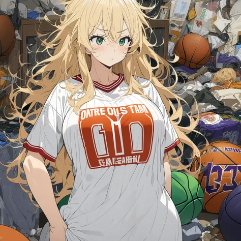 Anime, High detailed, 1 girl, Blondie long hair, messy hair, green eyes, big bosom, curvy body, disdainful expression, Wearing a Basketballs shirt,( the girl is Wearing a basketballs team shirt, the shirt is too much big for her as it looks like a dress on...