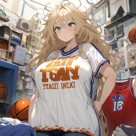 Anime, High detailed, 1 girl, Blondie long hair, messy hair, green eyes, big bosom, curvy body, disdainful expression, Wearing a Basketballs shirt,( the girl is Wearing a basketballs team shirt, the shirt is too much big for her as it looks like a dress on...