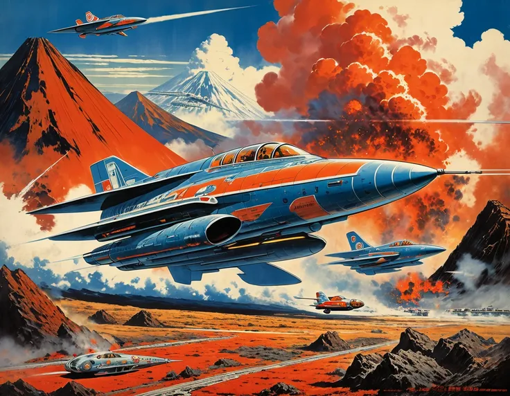 Volcanic eruption, Detailed Volcanic, Science fiction illustrations, Retro-future art. Sci-fi illustrations by Shigeru Komatsuzaki, Impressive retro-future fighter, Package art, like Thunderbirds, Volcanic eruption background, Picture story, Shigeru Komats...