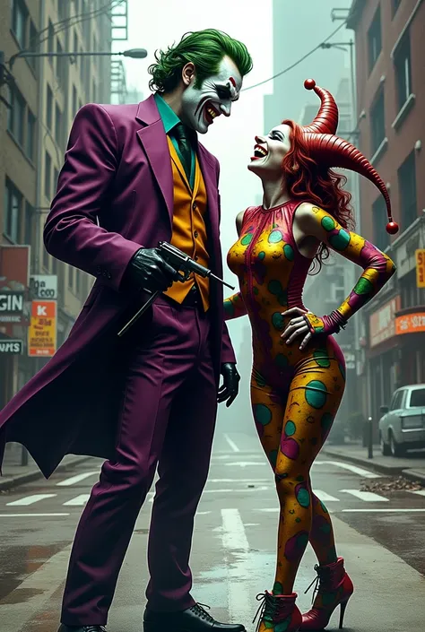 (( best quality)) (ART IN DRAWING)  joker and harlequin, laughing, armed,  in the middle of the street ,