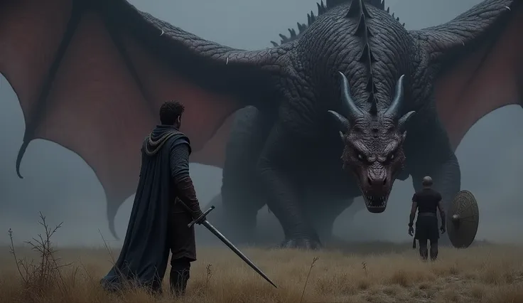  Darian stands confidently in front of the massive dragon, Smolder, its scales glistening in the dimming light. Tomas, a few steps behind Darian, is visibly tense, his hands trembling as he holds a crude wooden shield.