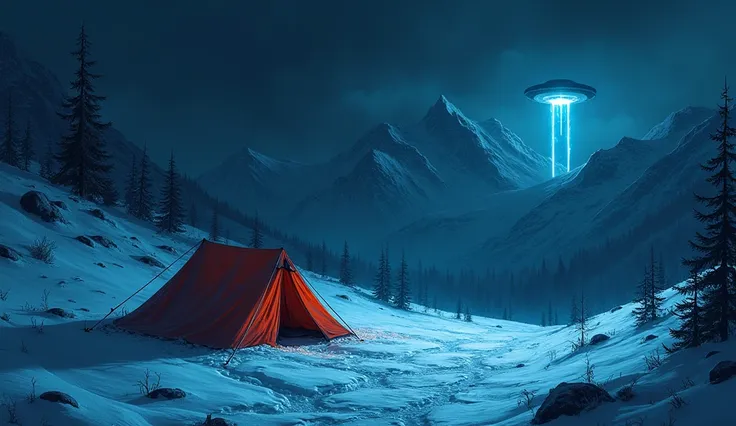 "Create a gripping and eerie YouTube thumbnail illustrating the mystery of the Dyatlov Pass incident. The thumbnail should feature a snow-covered mountain landscape under a dark, cloudy night sky. Include a torn tent with eerie footprints leading away from...