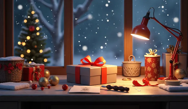 C4D modeling，OC rendering，Looking down from above， close-up， A C4D style scene ，Mechanical workbench desktop ， in a semi-finished gift box，There is also a utility knife 、adhesive tape， Warm lighting，. The background is a Christmas workshop ， snowflakes fal...