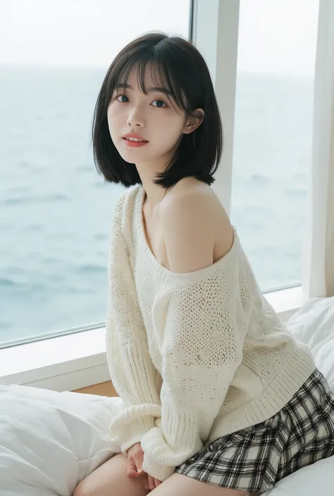 (best quality,8k,best image quality,Award-winning works),one Japanese girl, smile ,look at me with black short bob hair white skin in white knit and plaid pattern pleated skirt, (accurate anatomy:1.3),sitting on bed,ocean view room