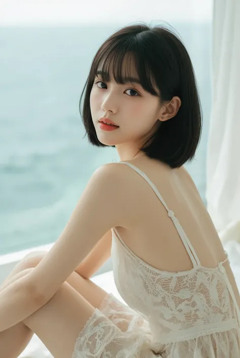 (best quality,8k,best image quality,Award-winning works),one Japanese girl, smile ,look at me with black short bob hair white skin in blace lace night gown, (accurate anatomy:1.3),sitting on bed,ocean view room,face shot