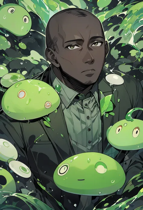 Black man,with short hair and a faid,with a suit,slime background thats green