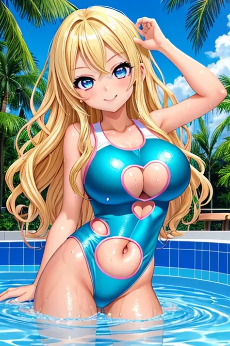 1girl, gyaru, best quality, looking at viewer, kawaii, shiny skin, shiny clothes, one-piece swimsuit, (navel, bare stomach, midriff, stomach cutout:1.2), huge breasts, long hair, wavy hair, blonde hair, blue eyes, smile, pool, wet body,