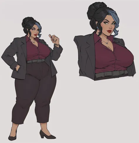 cartoon of a woman in a red shirt and black pants, official character art, character full body portrait, official character illustration, female lead character, noir film world character design, full body character portrait, professional character design, ...