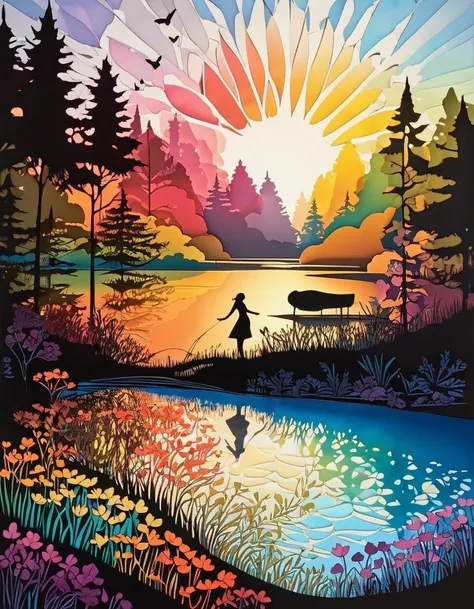 Multi-layered paper cutting, shadow art, silhouette art, mix of paper cutting art and shadow art, everything except the shadows is colored with colored cellophane and Stained Glass. Colorful tones, (A tranquil lake:1.25, calm waters reflecting the sky:1.25...