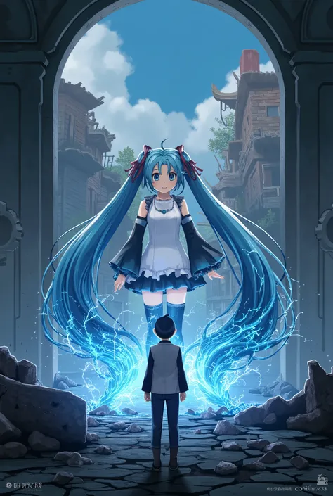 (masterpiece、 top quality、 top quality、 official art、 beautiful and beautiful :1.2)、( one girl:1.3) Hatsune Miku 、 twin tails, Beautiful breasts,( A 17-year-old young man with a soul body that emits blue and black lightning particles around him),  3d rende...