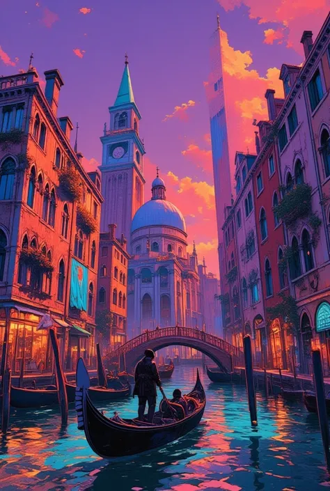  gondola drawing in Venice、Small boat、Hallucinatory Art  、  dmt Death of Ego  、  Psychedelic Horror  、 purple sky、 Highly Detailed Fantastic Art  、  DMT Egodes  、 Shamanic Fear  、LSD art、clock、collage、The Marauders in the Small Boat、channel 、bridge、Lizard