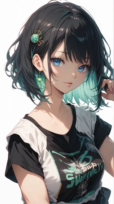 
A young woman with glossy ((black)) short hair, styled with slightly longer side bangs. She has striking light blue eyes and wears a light blue hairpin. Her outfit consists of a short-sleeve white button-up shirt, with a black long-sleeve T-shirt visible ...