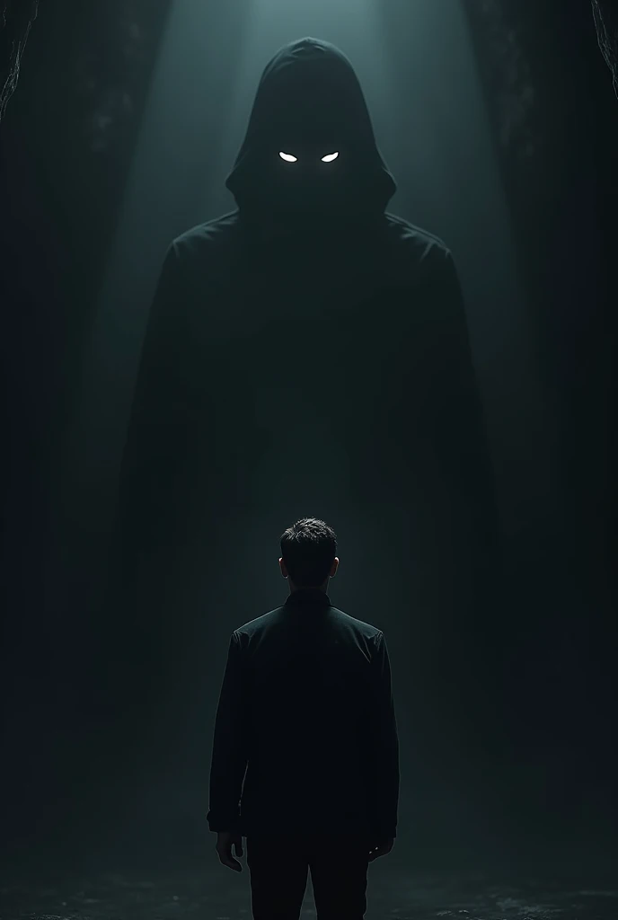 The man stares back into pitch darkness. A faint ghostly silhouette or glowing eyes might be barely visible deep in the shadows.