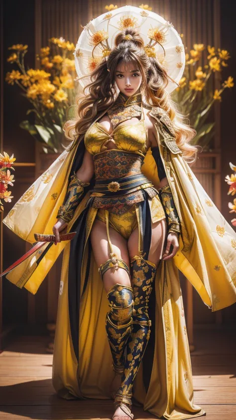  sexy female character wearing bright yellow armor as a warrior from the Sengoku period 、((ringlets hair))、((Honey blonde hair))、((toned body))、(glistening skin)、 Tight Body 、((mega breasts 1.8))、 plump breasts 、 plump thighs 、 Bright yellow armor engraved...