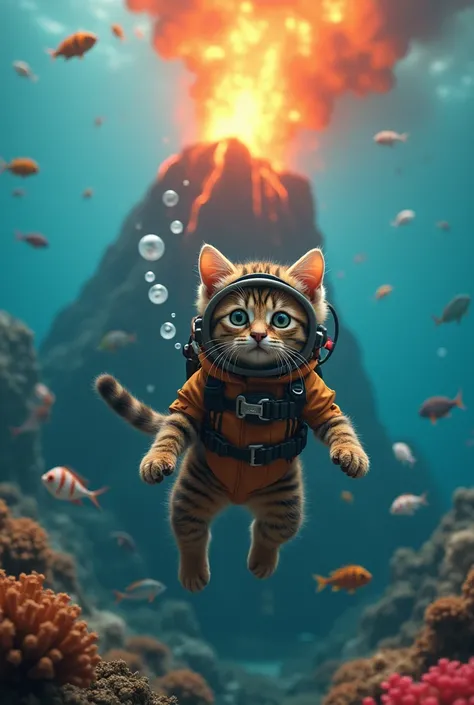 The cutest brown tiger pattern kitten in the world wearing a diving suit watching the eruption of a very large submarine volcano underwater、((Realistic:1.3))、Like swimming underwater 々Fish、Floating bubbles 