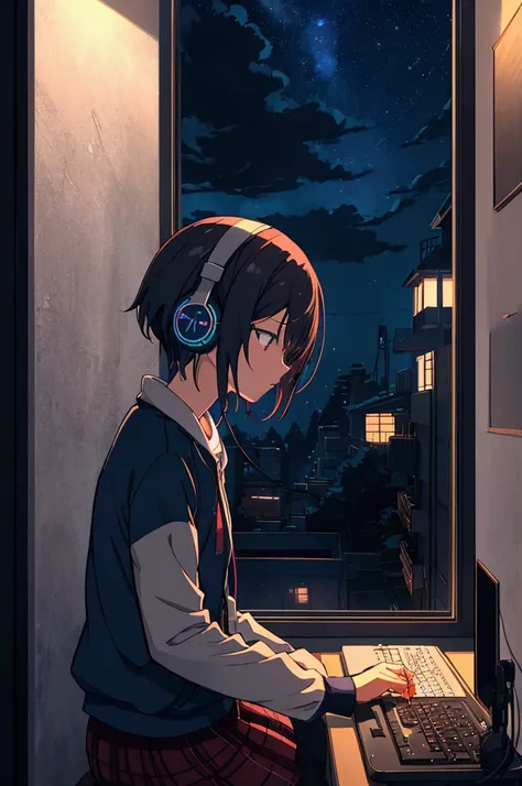  Shinkai Makifu 、Girl listening to music in a modern cozy room,  use headphones , 2D-style animation, Lo-Fi, Im writing using a PC, Dark Environment,  side angle,1 person,Night view outside a small window 