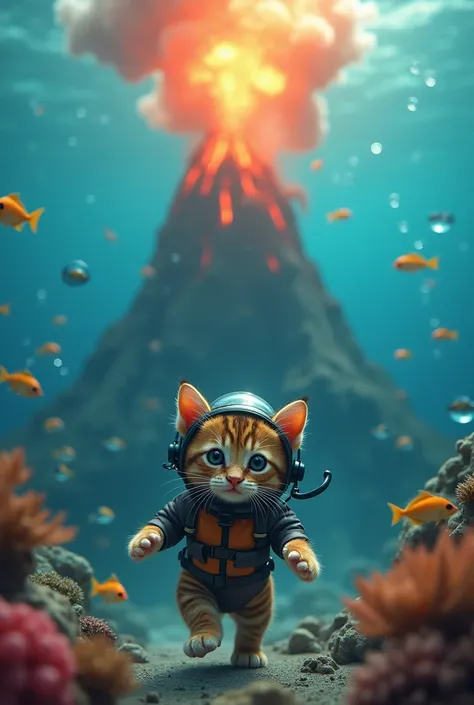  The cutest brown tiger pattern kitten in the world wearing a diving suit watching the eruption of a very large submarine volcano underwater、((Realistic:1.3))、Like swimming underwater 々Fish、Floating bubbles 