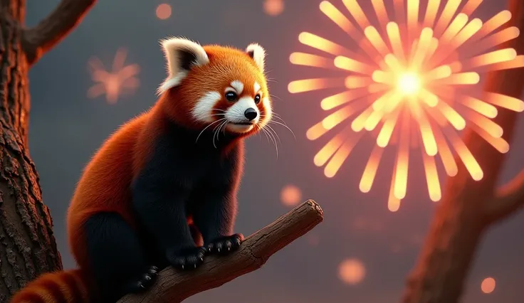 A red panda perched on a tree branch, illuminated by vibrant fireworks bursting in the background. "Happy New Year" sparkles in shimmering gold text above. Rich, detailed fur and glowing accents, cinematic 8K.

