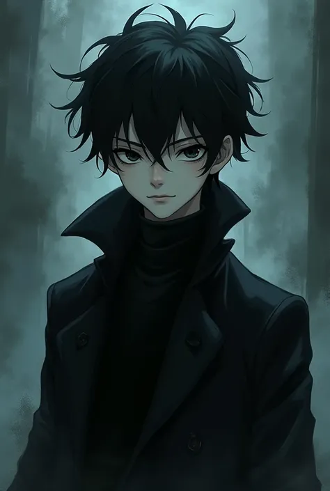 1boy Black hair messy hair, short hair, Black coat, Black eyes, Black sclera, white skin, storm background night, hazbin hotel style,