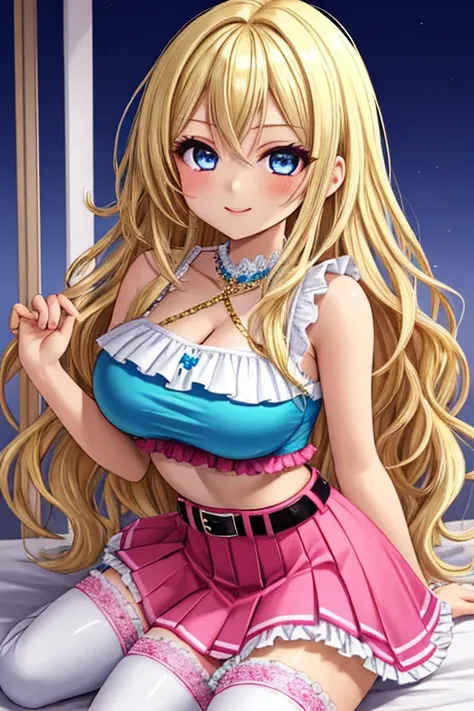 1girl, gyaru, best quality, looking at viewer, kawaii, shiny skin, shiny clothes, crop top, navel, bare stomach, midriff, underwear, frills, thighboots, thighhighs, huge breasts, long hair, wavy hair, blonde hair, blue eyes, smile, 