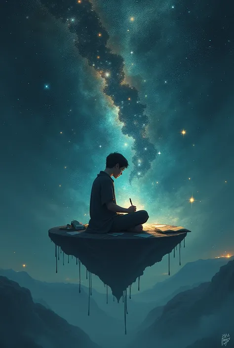 Illustration of a writer in the cosmos 