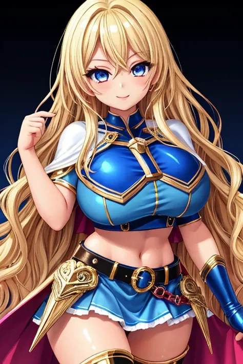 1girl, gyaru, best quality, looking at viewer, kawaii, shiny skin, shiny clothes, crop top, navel, bare stomach, midriff, panties, waist cape, thighboots, thighhighs, huge breasts, long hair, wavy hair, blonde hair, blue eyes, smile, 