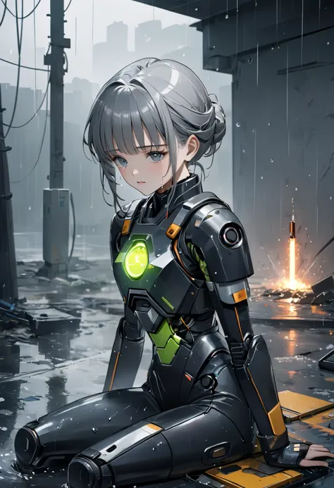  Best Artist,anime,(8k,  top quality)、 super high resolution、Adorable、 top quality, beautiful, Absurd beauty、 Masterpiece  、 Max Image、Rainy old background,Broken Android,A sad and poignant piece,Grey World,An android girl who continues to believe even aft...