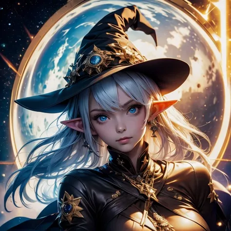 best quality, highres, 1girl, elf, witch hat, floating in space, energy sphere