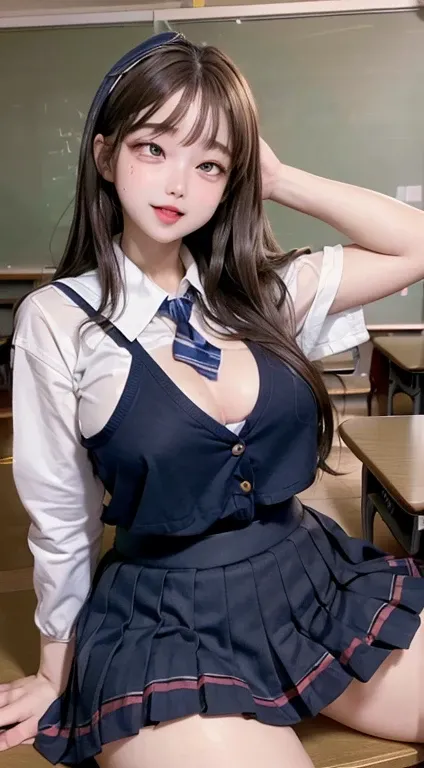 ( top quality,4K,8k, high resolution,masterpiece:1.2),  super high posture , 超 high resolution, ,  huge boobs,  big boobs,  curvy ,  black hair (Tie your head ), ( beautiful girl:1.8),  long hair, Uniform,(Mr..々Pose), (baby face:1.3),  Sitting , (Spread yo...