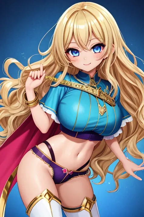 1girl, gyaru, best quality, looking at viewer, kawaii, shiny skin, shiny clothes, crop top, navel, bare stomach, midriff, (panties)++, waist cape, thighboots, thighhighs, huge breasts, long hair, wavy hair, blonde hair, blue eyes, smile, 