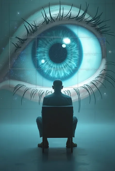 humanoid figure,ser intangible, sitting in a chair, with reflective posture,  Look straight at the screen,TV screen,introspection and hypnotic ,The screen seems to merge with the structure of a giant human eye.