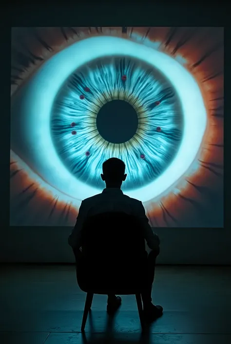 humanoid figure,ser intangible, sitting in a chair, with reflective posture,  Look straight at the screen,TV screen,introspection and hypnotic ,The screen seems to merge with the structure of a giant human eye.