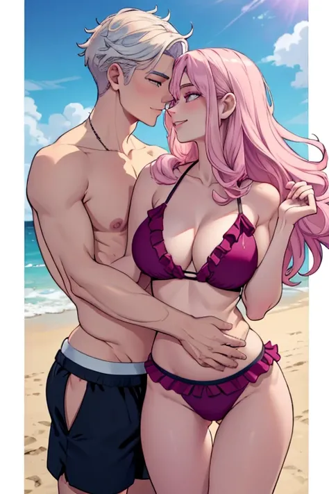 One man. One woman. Perfect faces. Perfect Hands. A young handsome white haired man with ruby eyes in a Gothic swim trunks is kissing a pink haired woman with violet eyes with an hourglass figure in a frilly bikini with big smiles at the beach