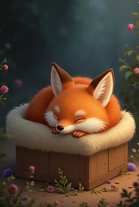  Baby fox sleeping in a box, dark, illustration, disney pixar cartoon