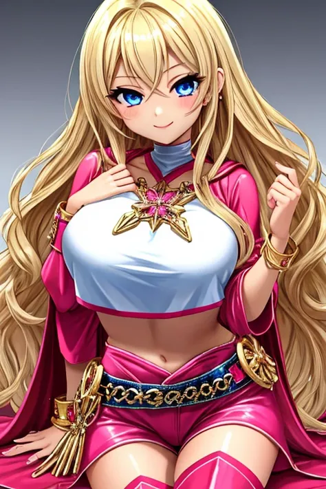 1girl, gyaru, best quality, looking at viewer, kawaii, shiny skin, shiny clothes, crop top, navel, bare stomach, midriff, highleg, waist cape, thighboots, thighhighs, huge breasts, long hair, wavy hair, blonde hair, blue eyes, smile, 