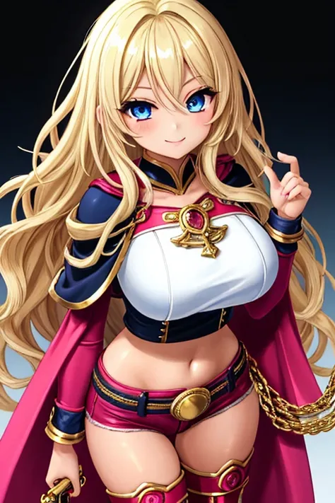 1girl, gyaru, best quality, looking at viewer, kawaii, shiny skin, shiny clothes, crop top, navel, bare stomach, midriff, highleg, waist cape, thighboots, thighhighs, huge breasts, long hair, wavy hair, blonde hair, blue eyes, smile, 