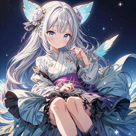 Star Fairy、( Masterpiece  ,  top quality),  1 girl, 「 beautifully printed galaxy pattern kimono and gothic lolita costume.、 Space Print Ruffle Box Pleated Mini Skirt 、 A poster with the text “” is displayed in front of viewers 、 Knee-High Boots 、 charming ...