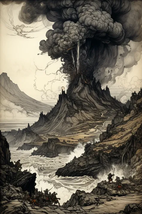 Volcanic Eruption, by Arthur Rackham.
best quality, masterpiece, intricate details, ultra-detailed