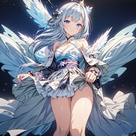 Star Fairy、( Masterpiece  ,  top quality),  1 girl, 「 beautifully printed galaxy pattern kimono and gothic lolita costume.、 Space Print Ruffle Box Pleated Mini Skirt 、 A poster with the text “” is displayed in front of viewers 、 Knee-High Boots 、 charming ...