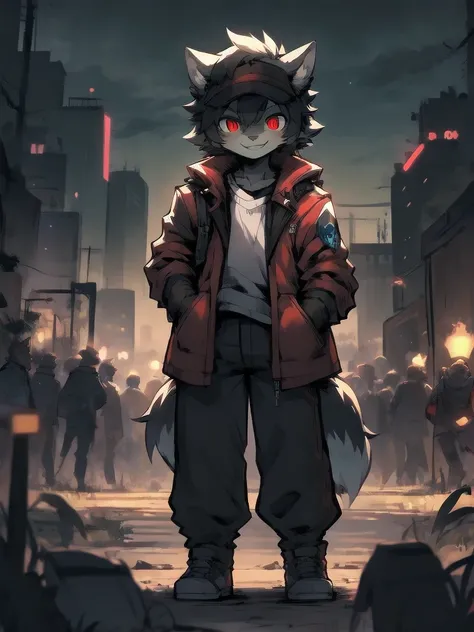 Grey Wolf Boy ,male，22 years old, hairy，Hair（Mainly gray ， Red is the characteristic color）， bright red pupils ，Wearing clothes（black）， wearing a jacket on the outside （black为主， Very little red embellishment ，There are red armbands，Shiny，Zipper open，Hat ），...