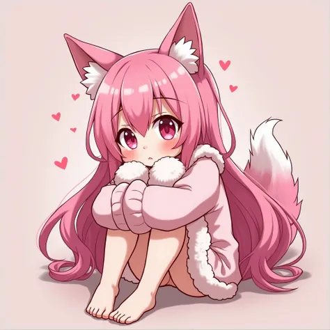 pink wolfs ears and tail, esbelta, curvy, cute, adult woman,  long pastel pink hair ,  pink eyes skin,  kawaii Christmas and plush clothing ,  sitting on the floor hugging her legs, big but, Big boobs, sad with tears, crying anime arte digital oleo, dynami...