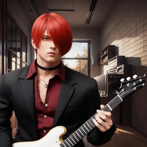  realism art style with a red haired man with a guitar in the room named , Guitar solo,  Realistic Art Style , guitarist,  という名前の付いたリアリズムアートスタイル , Handsome stunning realistic ,  Realistic Anime Art Style ,  realistic style , photo Realistic Art Style ,  AN...